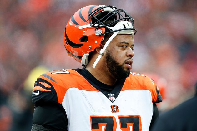 CLEVELAND, OH - DECEMBER 23:  Cordy Glenn #77 of the Cincinnati Bengals stands on the sideline during the game against the Cleveland Browns at FirstEnergy Stadium on December 23, 2018 in Cleveland, Ohio. (Photo by Kirk Irwin/Getty Images)