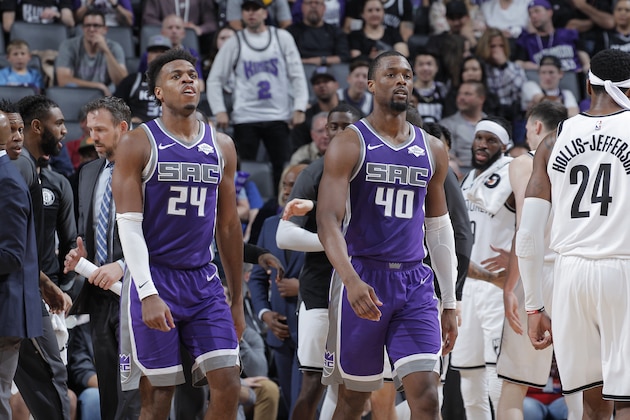 SACRAMENTO, CA - MARCH 19: Buddy Hield #24 and Harrison Barnes #40 of the Sacramento Kings face the Brooklyn Nets on March 19, 2019 at Golden 1 Center in Sacramento, California. NOTE TO USER: User expressly acknowledges and agrees that, by downloading and or using this photograph, User is consenting to the terms and conditions of the Getty Images Agreement. Mandatory Copyright Notice: Copyright 2019 NBAE (Photo by Rocky Widner/NBAE via Getty Images)