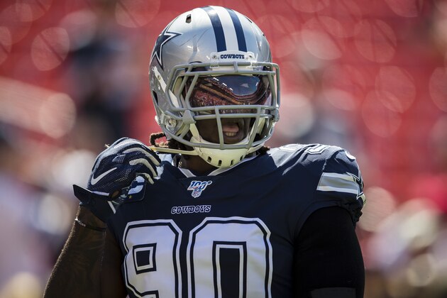 LANDOVER, MD - SEPTEMBER 15: Demarcus Lawrence #90 of the Dallas Cowboys looks on before the game against the Washington Redskins at FedExField on September 15, 2019 in Landover, Maryland. (Photo by Scott Taetsch/Getty Images)