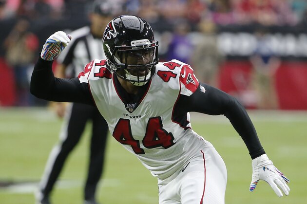 Atlanta Falcons defensive end Vic Beasley (44) during an NFL football game against the Arizona Cardinals, Sunday, Oct. 13, 2019, in Glendale, Ariz. (AP Photo/Rick Scuteri)