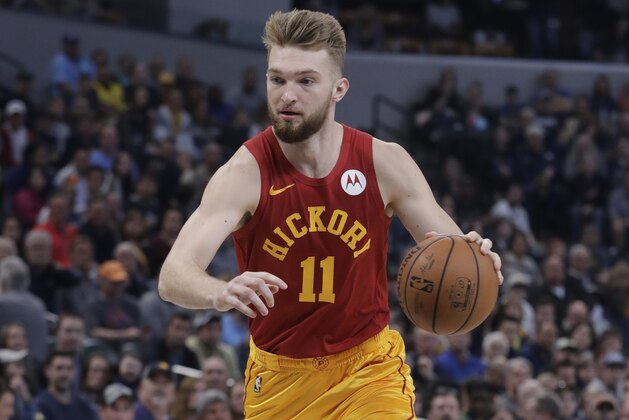Indiana Pacers' Domantas Sabonis (11) dribbles during the first half of an NBA basketball game against the Brooklyn Nets, Sunday, April 7, 2019, in Indianapolis. (AP Photo/Darron Cummings)