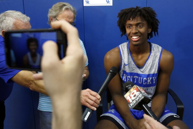Kentucky's Tyrese Maxey listens to a question during the university's NCAA college basketball media day, Tuesday, Oct. 1, 2019, in Lexington, Ky. (AP Photo/James Crisp)