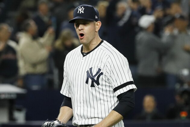 New York Yankees starting pitcher James Paxton celebrates after Houston Astros' Robinson Chirinos made the final out in the top of the sixth inning in Game 5 of baseball's American League Championship Series Friday, Oct. 18, 2019, in New York. (AP Photo/Matt Slocum)