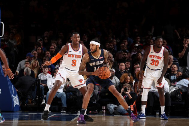 NEW YORK, NY - OCTOBER 18: Brandon Ingram #14 of the New Orleans Pelicans handles the ball against the New York Knicks during a pre-season game on October 18, 2019 at Madison Square Garden in New York City, New York. NOTE TO USER: User expressly acknowledges and agrees that, by downloading and or using this photograph, User is consenting to the terms and conditions of the Getty Images License Agreement. Mandatory Copyright Notice: Copyright 2019 NBAE  (Photo by Nathaniel S. Butler/NBAE via Getty Images)