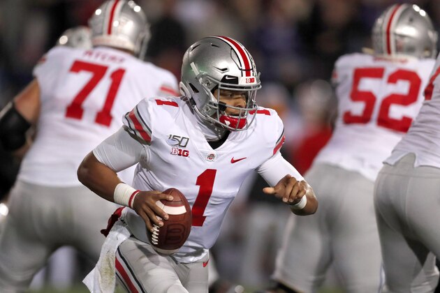 Ohio State quarterback Justin Fields (1) scrambles during the first half of an NCAA college football game against  Northwestern, Friday, Oct. 18, 2019, in Evanston, Ill. (AP Photo/Charles Rex Arbogast)