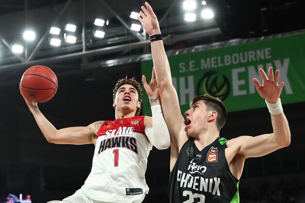 MELBOURNE, AUSTRALIA - OCTOBER 19: LaMelo Ball of the Hawks drives to the basket during the round three NBL match between the South East Melbourne Phoenix and the Illawarra Hawks on October 19, 2019 in Melbourne, Australia. (Photo by Kelly Defina/Getty Images)