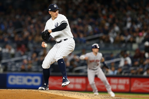 NEW YORK, NEW YORK - OCTOBER 17:  Chad Green #57 of the New York Yankees delivers the pitch against the New York Yankees during the sixth inning in game four of the American League Championship Series at Yankee Stadium on October 17, 2019 in New York City. (Photo by Mike Stobe/Getty Images)