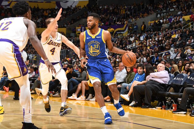 LOS ANGELES, CA - OCTOBER 14: Andrew Harrison #33 of the Golden State Warriors handles the ball against the Los Angeles Lakers during a pre-season game on October 14, 2019 at STAPLES Center in Los Angeles, California. NOTE TO USER: User expressly acknowledges and agrees that, by downloading and/or using this Photograph, user is consenting to the terms and conditions of the Getty Images License Agreement. Mandatory Copyright Notice: Copyright 2019 NBAE (Photo by Andrew D. Bernstein/NBAE via Getty Images)