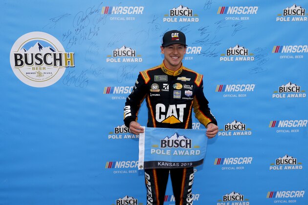 KANSAS CITY, KANSAS - OCTOBER 19: Daniel Hemric, driver of the #8 Caterpillar Chevrolet,  poses with the pole award after qualifying for the Monster Energy NASCAR Cup Series Hollywood Casino 400 at Kansas Speedway on October 19, 2019 in Kansas City, Kansas. (Photo by Jonathan Ferrey/Getty Images)
