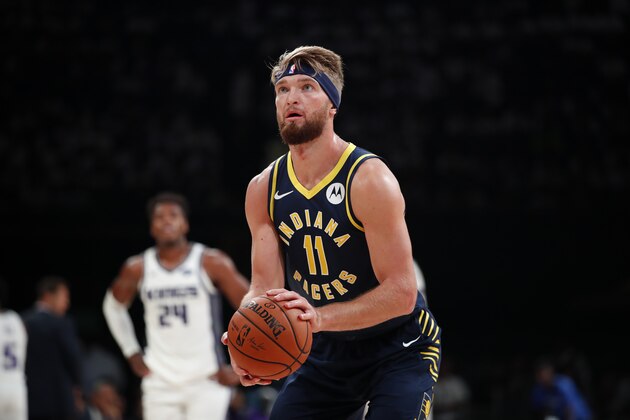 MUMBAI, INDIA - OCTOBER 4: Domantas Sabonis #11 of the Indiana Pacers shoots a free throw against the Sacramento Kings on October 4, 2019 at NSCI Dome in Mumbai, India. NOTE TO USER: User expressly acknowledges and agrees that, by downloading and or using this photograph, User is consenting to the terms and conditions of the Getty Images License Agreement. Mandatory Copyright Notice: Copyright 2019 NBAE (Photo by Jeff Haynes/NBAE via Getty Images)