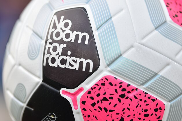 WOLVERHAMPTON, ENGLAND - OCTOBER 19: A detailed view of the match ball, which includes the message 'No Room for Racism' during the Premier League match between Wolverhampton Wanderers and Southampton FC at Molineux on October 19, 2019 in Wolverhampton, United Kingdom. (Photo by Nathan Stirk/Getty Images)