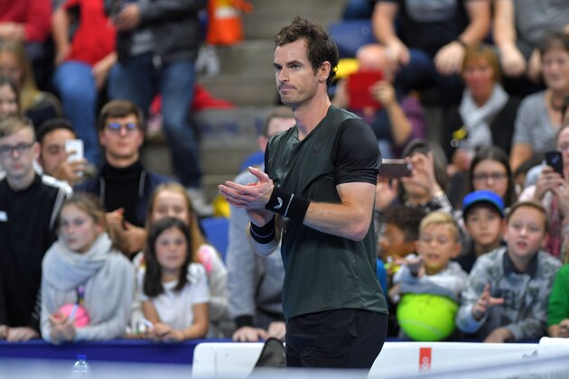 British Andy Murray celebrates after winning a tennis match againstUruguayan Pablo Cuevas in the second round of the men's singles tournament at the European Open ATP Antwerp, on October 17, 2019, in Antwerp. (Photo by LUC CLAESSEN / BELGA / AFP) / Belgium OUT (Photo by LUC CLAESSEN/BELGA/AFP via Getty Images)