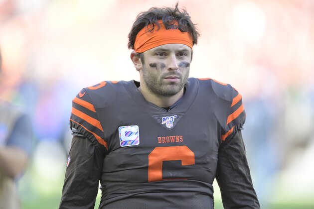 Cleveland Browns quarterback Baker Mayfield (6) walks off the field after an NFL football game against the Seattle Seahawks, Sunday, Oct. 13, 2019, in Cleveland. The Seahawks won 32-28. (AP Photo/David Richard)