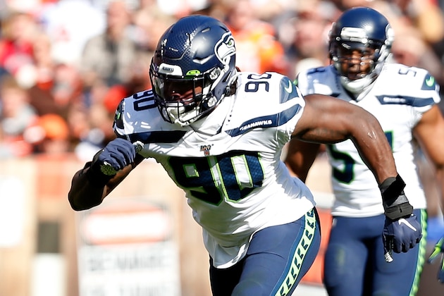 CLEVELAND, OH - OCTOBER 13:  Jadeveon Clowney #90 of the Seattle Seahawks runs off of the line of scrimmage during the game against the Cleveland Browns at FirstEnergy Stadium on October 13, 2019 in Cleveland, Ohio. Seattle defeated Cleveland 32-28. (Photo by Kirk Irwin/Getty Images)