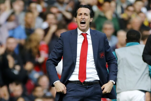Arsenal's Spanish head coach Unai Emery gestures on the touchline during the English Premier League football match between Arsenal and Bournemouth at the Emirates Stadium in London on October 6, 2019. (Photo by Tolga AKMEN / AFP) / RESTRICTED TO EDITORIAL USE. No use with unauthorized audio, video, data, fixture lists, club/league logos or 'live' services. Online in-match use limited to 120 images. An additional 40 images may be used in extra time. No video emulation. Social media in-match use limited to 120 images. An additional 40 images may be used in extra time. No use in betting publications, games or single club/league/player publications. /  (Photo by TOLGA AKMEN/AFP via Getty Images)