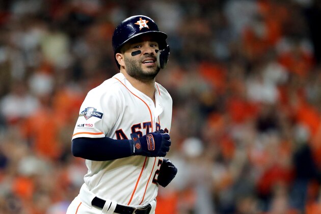 HOUSTON, TEXAS - OCTOBER 19:  Jose Altuve #27 of the Houston Astros reacts after drawing a walk aNew York Yankees during the sixth inning in game six of the American League Championship Series at Minute Maid Park on October 19, 2019 in Houston, Texas. (Photo by Elsa/Getty Images)