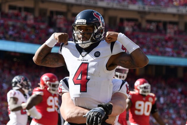 Houston Texans quarterback Deshaun Watson (4) celebrates his touchdown against the Kansas City Chiefs during the second half of an NFL football game in Kansas City, Mo., Sunday, Oct. 13, 2019. (AP Photo/Ed Zurga)