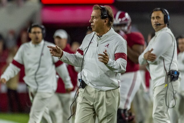 Alabama head coach Nick Saban questions the refs during the first half of an NCAA college football game, Saturday, Oct. 19, 2019, in Tuscaloosa, Ala. (AP Photo/Vasha Hunt)