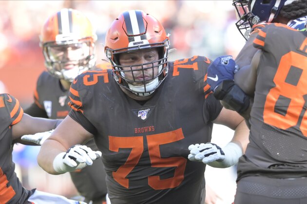 Cleveland Browns offensive guard Joel Bitonio (75) blocks during an NFL football game against the Seattle Seahawks, Sunday, Oct. 13, 2019, in Cleveland. The Seahawks won 32-28. (AP Photo/David Richard)