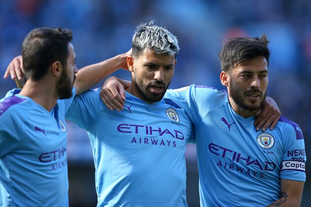 MANCHESTER, ENGLAND - SEPTEMBER 21:  Sergio Aguero of Manchester City celebrates after scoring his team's second goal with Bernardo Silva and David Silva during the Premier League match between Manchester City and Watford FC at Etihad Stadium on September 21, 2019 in Manchester, United Kingdom. (Photo by Alex Livesey/Getty Images)