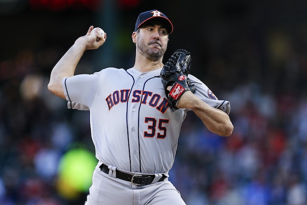 Houston Astros starting pitcher Justin Verlander throws during the first inning of the team's baseball game against the Texas Rangers, Friday, April 19, 2019, in Arlington, Texas. (AP Photo/Brandon Wade)
