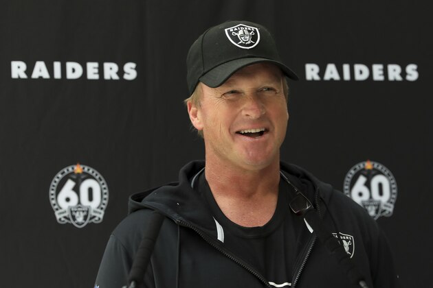 Oakland Raiders' head coach Jon Gruden attends a press conference after a practice session at the Grove Hotel in Chandler's Cross, Watford, England, Wednesday, Oct. 2, 2019. The Oakland Raiders are preparing for an NFL regular season game against the Chicago Bears in London on Sunday. (AP Photo/Leila Coker)