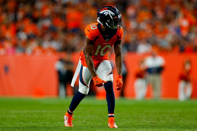 DENVER, CO - OCTOBER 17:  Wide receiver Emmanuel Sanders #10 of the Denver Broncos in action against the Kansas City Chiefs during the second quarter at Empower Field at Mile High on October 17, 2019 in Denver, Colorado. (Photo by Justin Edmonds/Getty Images)