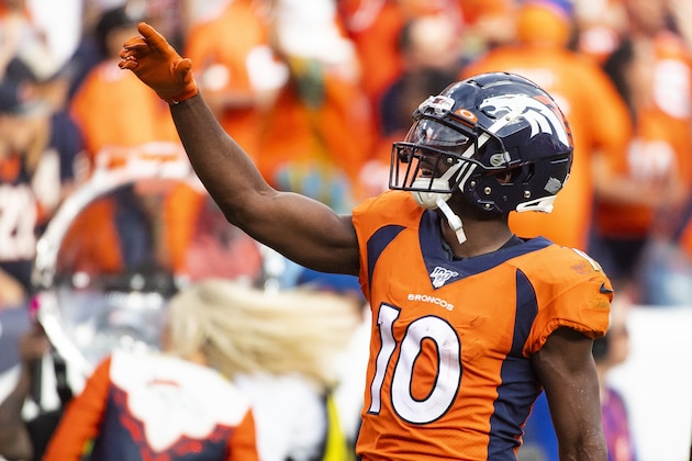 DENVER, CO - SEPTEMBER 15: Emmanuel Sanders #10 of the Denver Broncos celebrates after scoring a two-point conversion during the second half against the Chicago Bears at Empower Field at Mile High on September 15, 2019 in Denver, Colorado. (Photo by Timothy Nwachukwu/Getty Images)