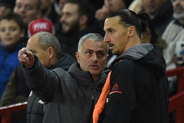 Manchester United's Portuguese manager Jose Mourinho (L) gives instructions to Manchester United's Swedish striker Zlatan Ibrahimovic (R) before Manchester United's Swedish striker Zlatan Ibrahimovic comes on as a substitute during the English Premier League football match between Manchester United and Newcastle at Old Trafford in Manchester, north west England, on November 18, 2017. / AFP PHOTO / Oli SCARFF / RESTRICTED TO EDITORIAL USE. No use with unauthorized audio, video, data, fixture lists, club/league logos or 'live' services. Online in-match use limited to 75 images, no video emulation. No use in betting, games or single club/league/player publications.  /         (Photo credit should read OLI SCARFF/AFP/Getty Images)