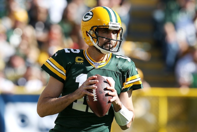 GREEN BAY, WISCONSIN - OCTOBER 20: Aaron Rodgers #12 of the Green Bay Packers looks to pass during the first half against the Oakland Raiders in the game at Lambeau Field on October 20, 2019 in Green Bay, Wisconsin. (Photo by Dylan Buell/Getty Images)