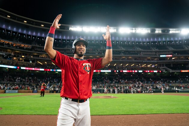 MINNEAPOLIS, MN - JUNE 18: Eddie Rosario #20 of the Minnesota Twins celebrates following the game against the Boston Red Sox on June 18, 2019 at the Target Field in Minneapolis, Minnesota. The Twins defeated the Red Sox 4-3. (Photo by Brace Hemmelgarn/Minnesota Twins/Getty Images)