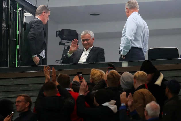 MANCHESTER, ENGLAND - OCTOBER 20: Jose Mourinho waves to the fans as he sits in the television studio during the Premier League match between Manchester United and Liverpool FC at Old Trafford on October 20, 2019 in Manchester, United Kingdom. (Photo by Catherine Ivill/Getty Images)