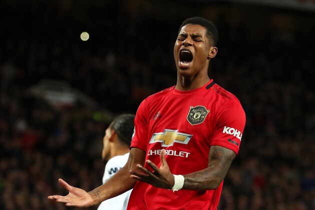 MANCHESTER, ENGLAND - OCTOBER 20: Marcus Rashford of Manchester United reacts during the Premier League match between Manchester United and Liverpool FC at Old Trafford on October 20, 2019 in Manchester, United Kingdom. (Photo by Catherine Ivill/Getty Images)