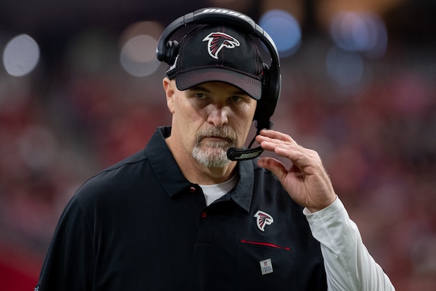 GLENDALE, ARIZONA - OCTOBER 13: Head coach Dan Quinn of the Atlanta Falcons looks on during the NFL game against the Arizona Cardinals at State Farm Stadium on October 13, 2019 in Glendale, Arizona. The Cardinals defeated the Falcons 34-33. (Photo by Jennifer Stewart/Getty Images)