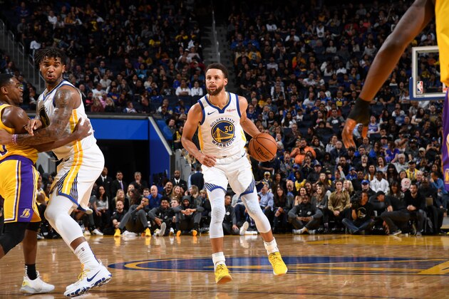 SAN FRANCISCO, CA - OCTOBER 18: Stephen Curry #30 of the Golden State Warriors handles the ball against the Los Angeles Lakers during a pre-season game on October 18, 2019 at Chase Center in San Francisco, California. NOTE TO USER: User expressly acknowledges and agrees that, by downloading and or using this photograph, User is consenting to the terms and conditions of the Getty Images License Agreement. Mandatory Copyright Notice: Copyright 2019 NBAE (Photo by Noah Graham/NBAE via Getty Images)