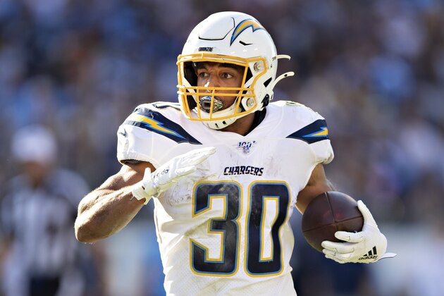 NASHVILLE, TN - OCTOBER 20:  Austin Ekeler #30 of the Los Angeles Chargers runs the ball during a game against the Tennessee Titans at Nissan Stadium on October 20, 2019 in Nashville, Tennessee.   (Photo by Wesley Hitt/Getty Images)