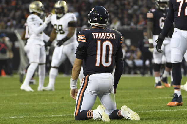 CHICAGO, ILLINOIS - OCTOBER 20: Mitchell Trubisky #10 of the Chicago Bears on the field after being hurried by the New Orleans Saints during the second half at Soldier Field on October 20, 2019 in Chicago, Illinois. The New Orleans Saints defeated the Chicago Bears 36-25. (Photo by David Banks/Getty Images)