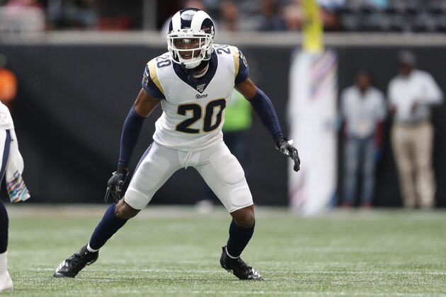 Los Angeles Rams cornerback Jalen Ramsey (20) works against the Atlanta Falcons during the first half of an NFL football game, Sunday, Oct. 20, 2019, in Atlanta. (AP Photo/John Bazemore)