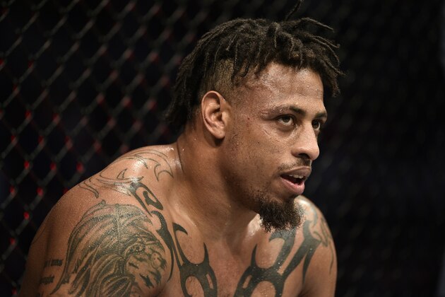 BOSTON, MASSACHUSETTS - OCTOBER 18:  Greg Hardy reacts after his decision victory over Ben Sosoli in their heavyweight bout during the UFC Fight Night event at TD Garden on October 18, 2019 in Boston, Massachusetts. (Photo by Chris Unger/Zuffa LLC via Getty Images)