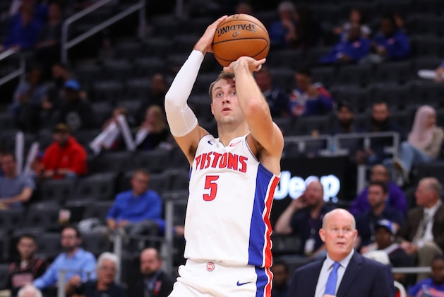 DETROIT, MICHIGAN - OCTOBER 07:  Luke Kennard #5 of the Detroit Pistons plays against the Orlando Magic during a pre season game at Little Caesars Arena on October 07, 2019 in Detroit, Michigan. NOTE TO USER: User expressly acknowledges and agrees that, by downloading and/or using this photograph, user is consenting to the terms and conditions of the Getty Images License Agreement. (Photo by Gregory Shamus/Getty Images)