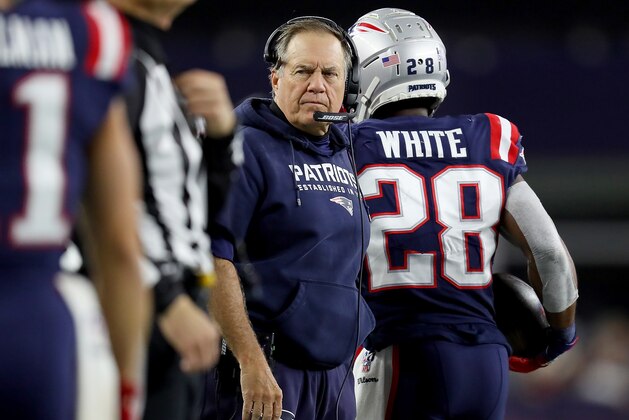 FOXBOROUGH, MASSACHUSETTS - OCTOBER 10: Head coach Bill Belichick of the New England Patriots looks on against the New York Giants during the second quarter in the game at Gillette Stadium on October 10, 2019 in Foxborough, Massachusetts. (Photo by Maddie Meyer/Getty Images)