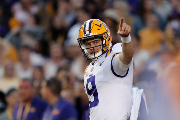 LSU quarterback Joe Burrow (9) warms up before an NCAA college football game against Florida in Baton Rouge, La., Saturday, Oct. 12, 2019. (AP Photo/Bill Feig) LSU quarterback Joe Burrow (9) warms up before an NCAA college football game against Florida in Baton Rouge, La., Saturday, Oct. 12, 2019. (AP Photo/Bill Feig)