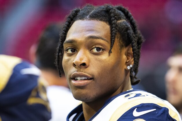 ATLANTA, GA - OCTOBER 20: Jalen Ramsey #20 of the Los Angeles Rams looks on during the second half of a game against the Atlanta Falcons at Mercedes-Benz Stadium on October 20, 2019 in Atlanta, Georgia. (Photo by Carmen Mandato/Getty Images)