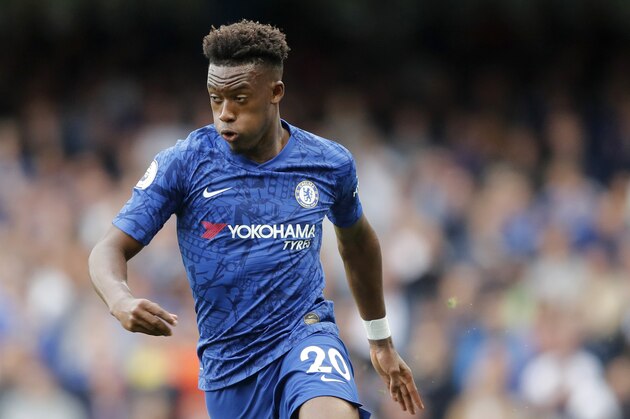 Chelsea's Callum Hudson-Odoi during the English Premier League soccer match between Chelsea and Brighton & Hove Albion at Stamford Bridge stadium in London, Saturday, Sept. 28, 2019.(AP Photo/Frank Augstein)