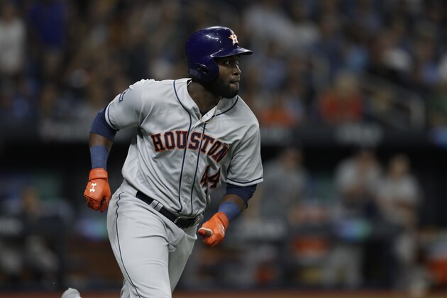 Houston Astros' Yordan Alvarez bats against the Tampa Bay Rays during Game 4 of a baseball American League Division Series Wednesday, Oct. 9, 2019, in St. Petersburg, Fla. (AP Photo/Chris O'Meara)