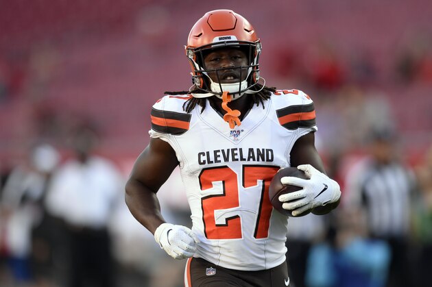 Cleveland Browns running back Kareem Hunt (27) before an NFL preseason football game against the Tampa Bay Buccaneers Friday, Aug. 23, 2019, in Tampa, Fla. (AP Photo/Jason Behnken)