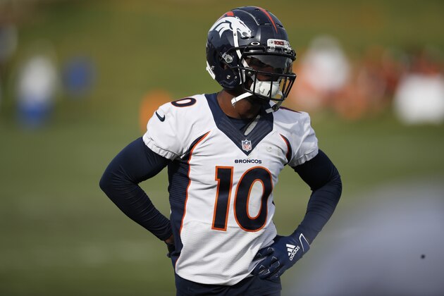 Denver Broncos wide receiver Emmanuel Sanders (10) warms up during an NFL training camp practice at the team's headquarters Tuesday, July 30, 2019, in Englewood, Colo. (AP Photo/David Zalubowski)