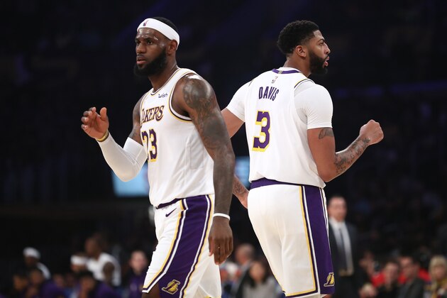 LOS ANGELES, CALIFORNIA - OCTOBER 16:  LeBron James #23 and Anthony Davis #3 of the Los Angeles Lakers look on during the second half of a game against the Golden State Warriors at Staples Center on October 16, 2019 in Los Angeles, California. (Photo by Sean M. Haffey/Getty Images)