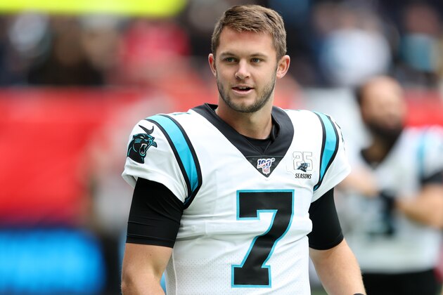 LONDON, ENGLAND - OCTOBER 13: Kyle Allen of Carolina Panthers looks on during the NFL game between Carolina Panthers and Tampa Bay Buccaneers at Tottenham Hotspur Stadium on October 13, 2019 in London, England. (Photo by Naomi Baker/Getty Images)