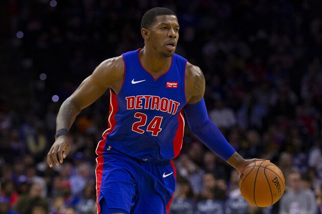 PHILADELPHIA, PA - OCTOBER 15: Joe Johnson #24 of the Detroit Pistons dribbles the ball against the Philadelphia 76ers in the third quarter of the preseason game at the Wells Fargo Center on October 15, 2019 in Philadelphia, Pennsylvania. The 76ers defeated the Pistons 106-86. NOTE TO USER: User expressly acknowledges and agrees that, by downloading and or using this photograph, User is consenting to the terms and conditions of the Getty Images License Agreement. (Photo by Mitchell Leff/Getty Images)
